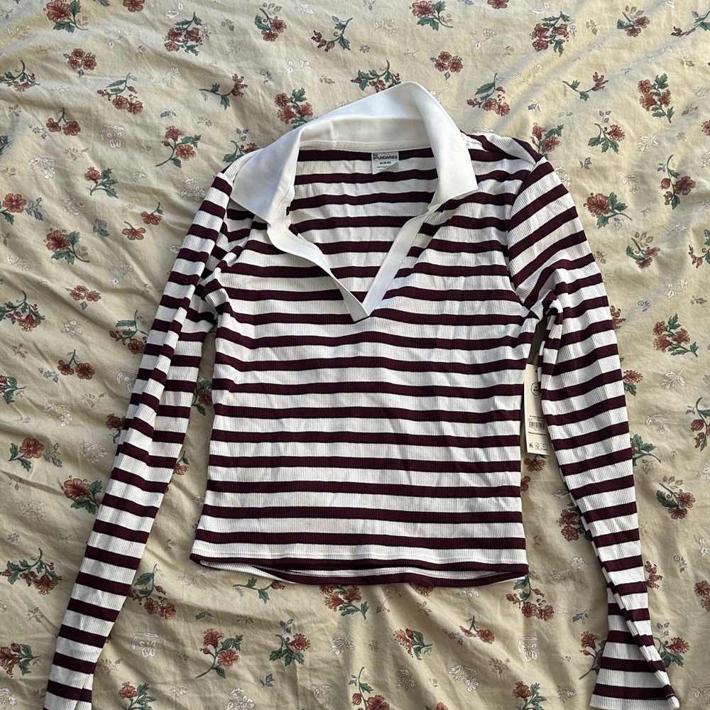 No Boundaries Burgundy and White Striped Long-Sleeve Polo